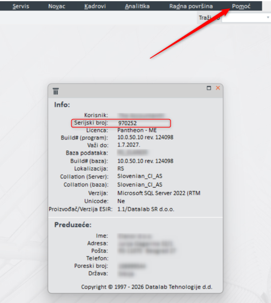 Pantheon: Pomoć / O Pantheonu - prozor Info sa označenim serijskim brojem licence