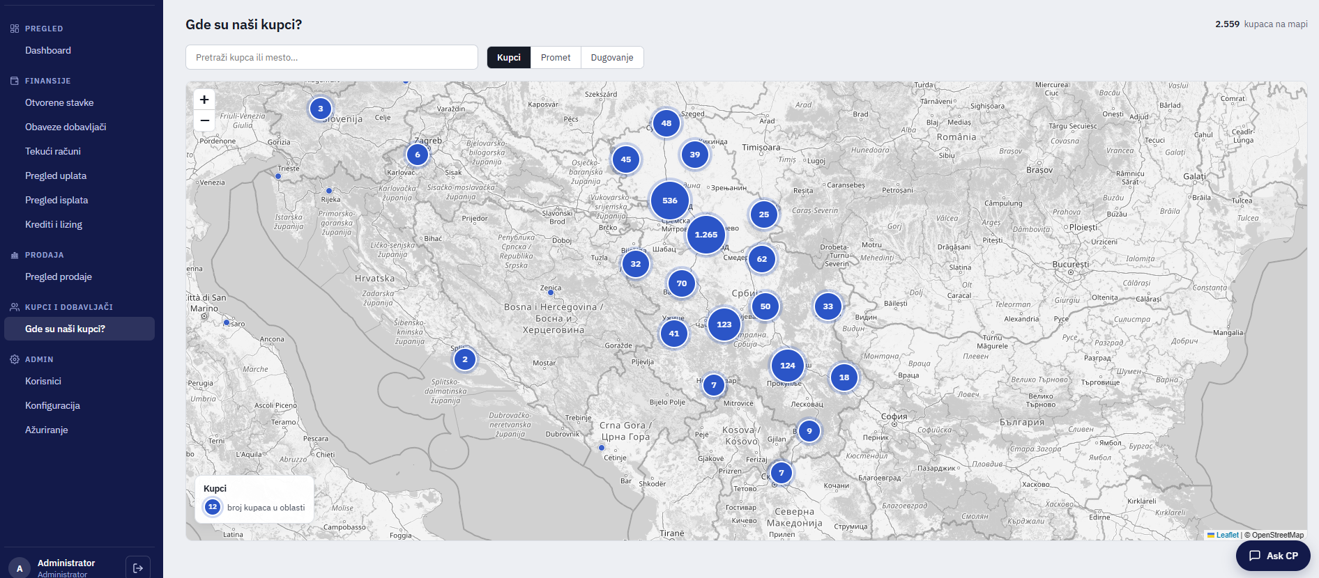 Mapa sa brojem kupaca po regionima